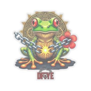 DFIYE Coqui Gold Sun sticker: a vibrant green Taino coqui frog breaking a chain on a gold Sol de Jayuya sun with a red hibiscus, the DFIYE chained-eye logo beneath. Die-cut vinyl.