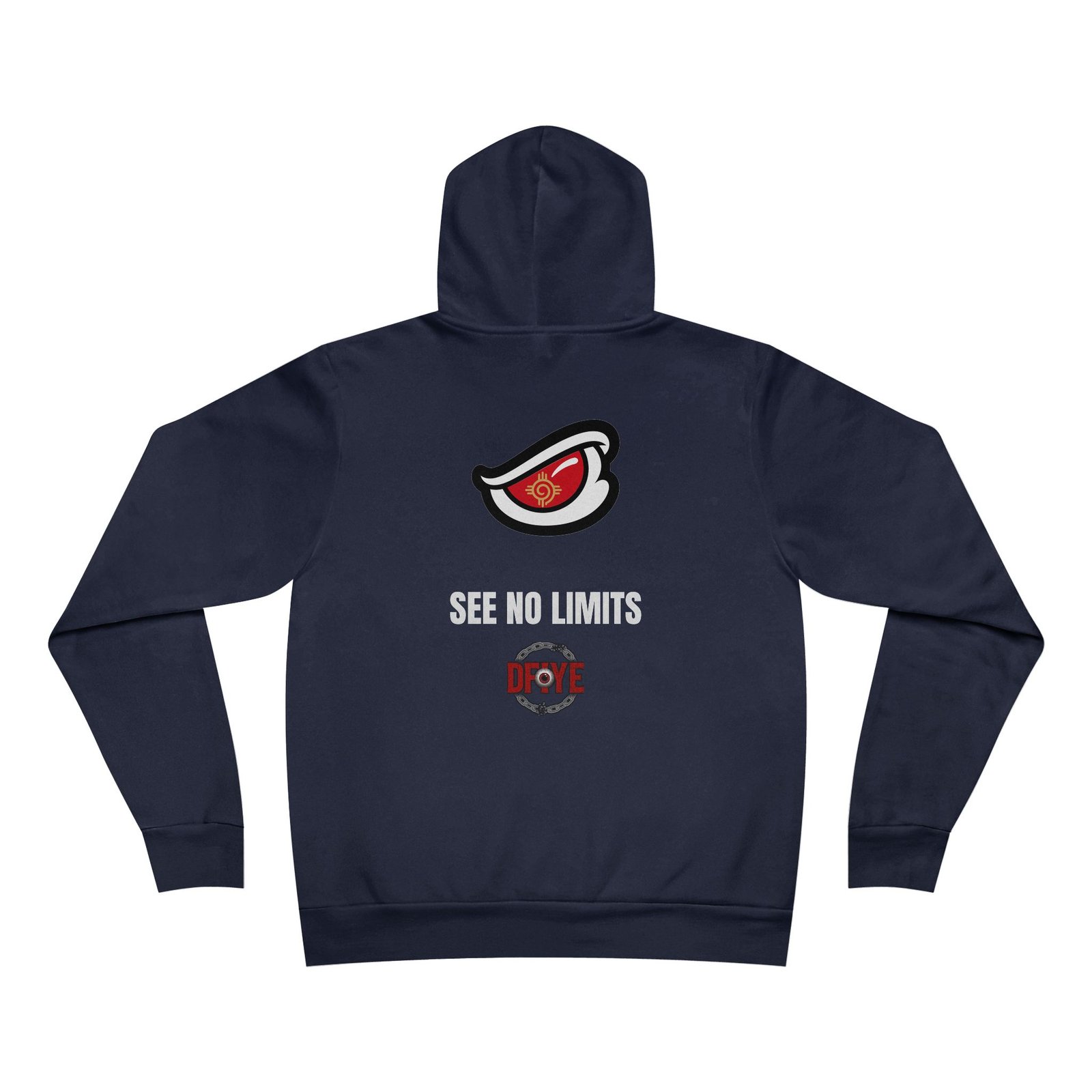 DFIYE Limitless Hoodie: logo on the chest; back shows the DFIYE eye, SEE NO LIMITS, and the emblem.