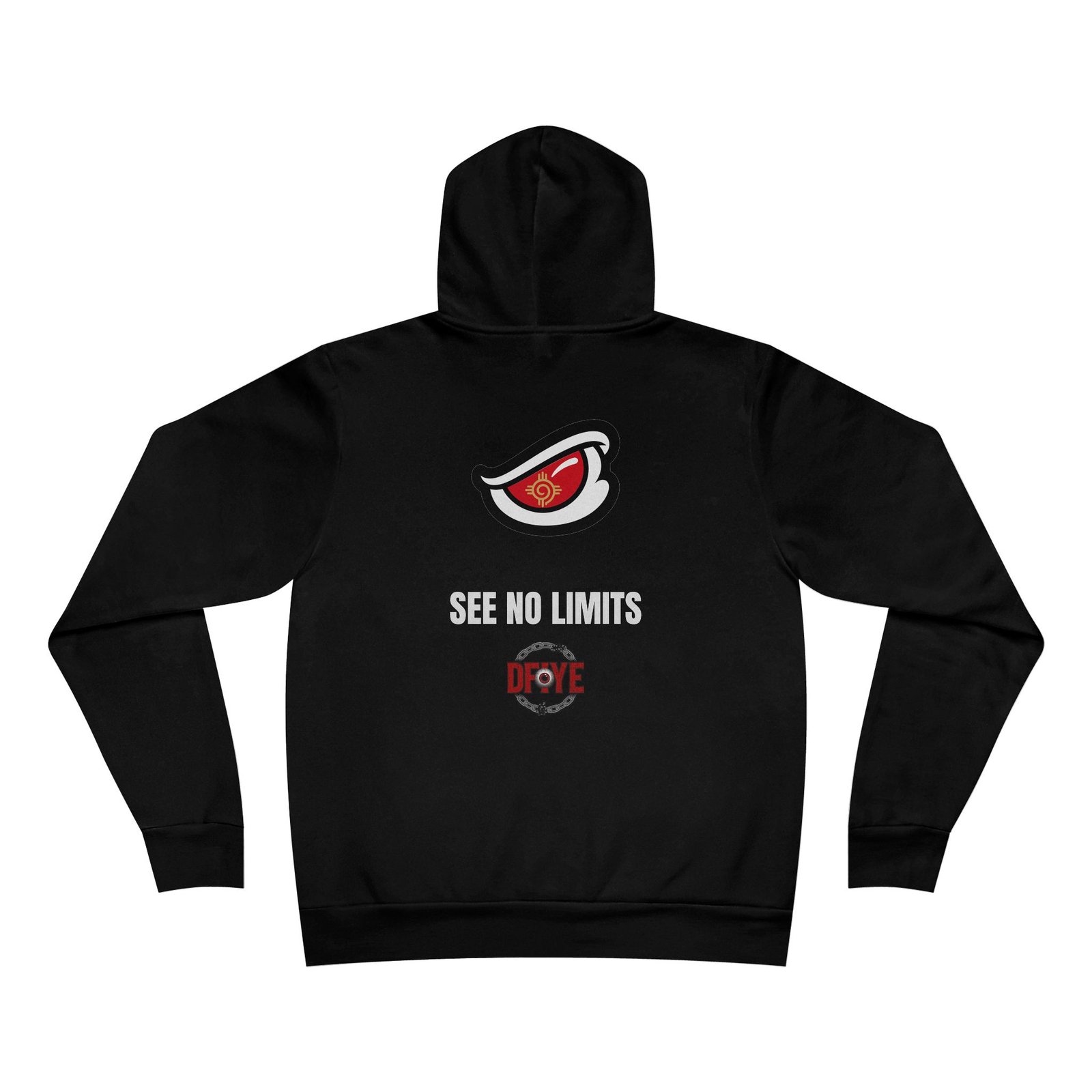 DFIYE Limitless Hoodie: logo on the chest; back shows the DFIYE eye, SEE NO LIMITS, and the emblem.