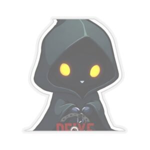 DFIYE El Cuco - a dark hooded boogeyman with glowing yellow eyes, breaking a chain, with the DFIYE logo. die-cut vinyl sticker.