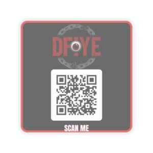DFIYE Scan Sticker: a black die-cut vinyl sticker with the DFIYE chained-eye logo, a scannable QR code on a white panel, and the words SCAN ME. Scanning it opens a welcome page with a discount and an Arena boost.